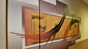 A modern art installation with abstract shapes and patterns.