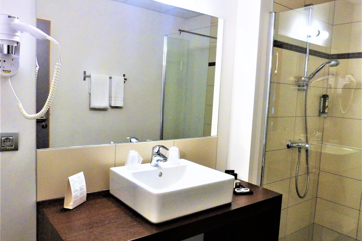 double room | bathroom | shower, designer toiletries, hair dryer, towels