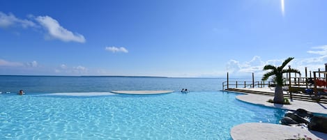 Seasonal outdoor pool, pool loungers