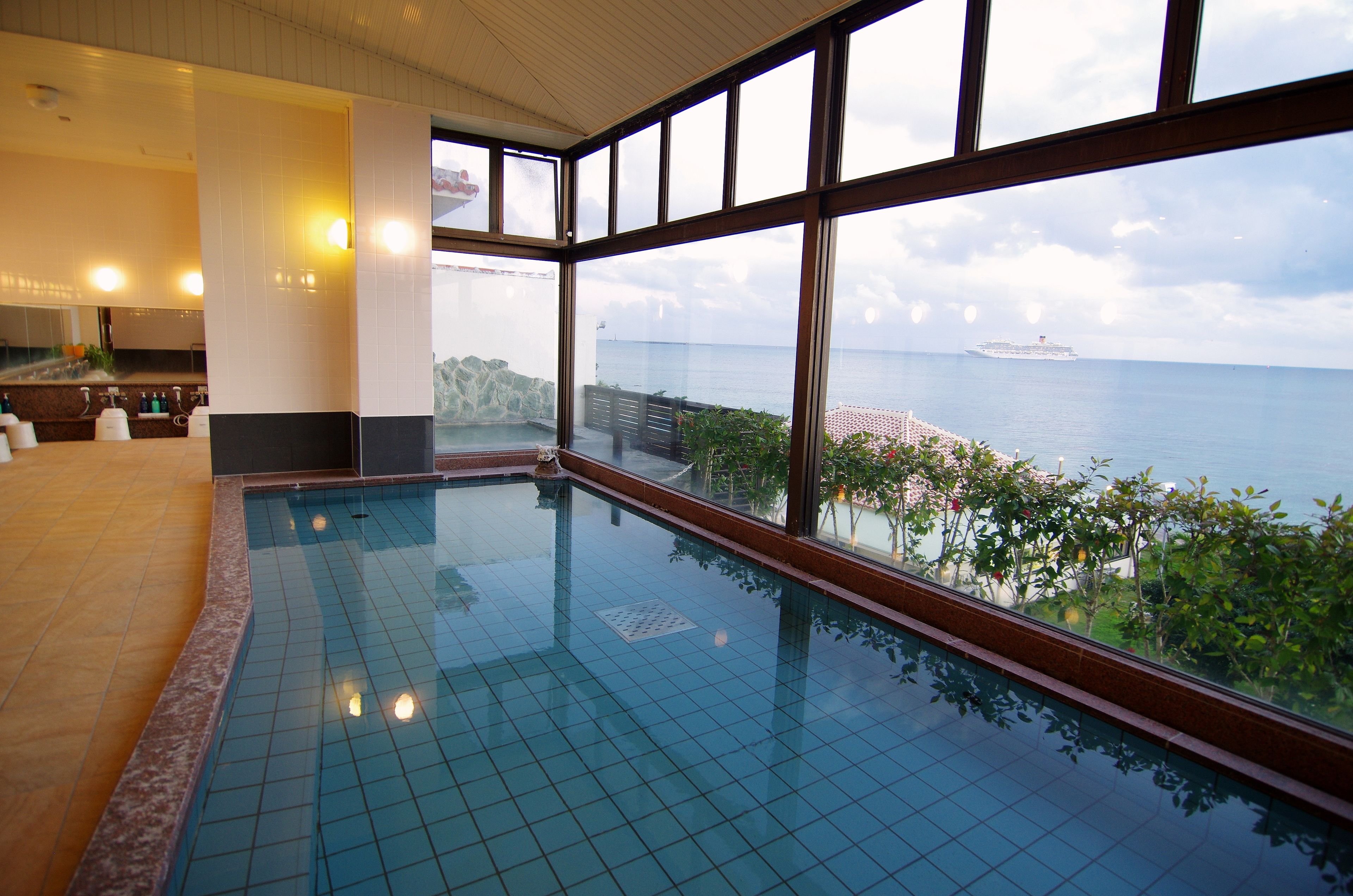 Une piscine avec vue sur la mer et sur un navire au loin.