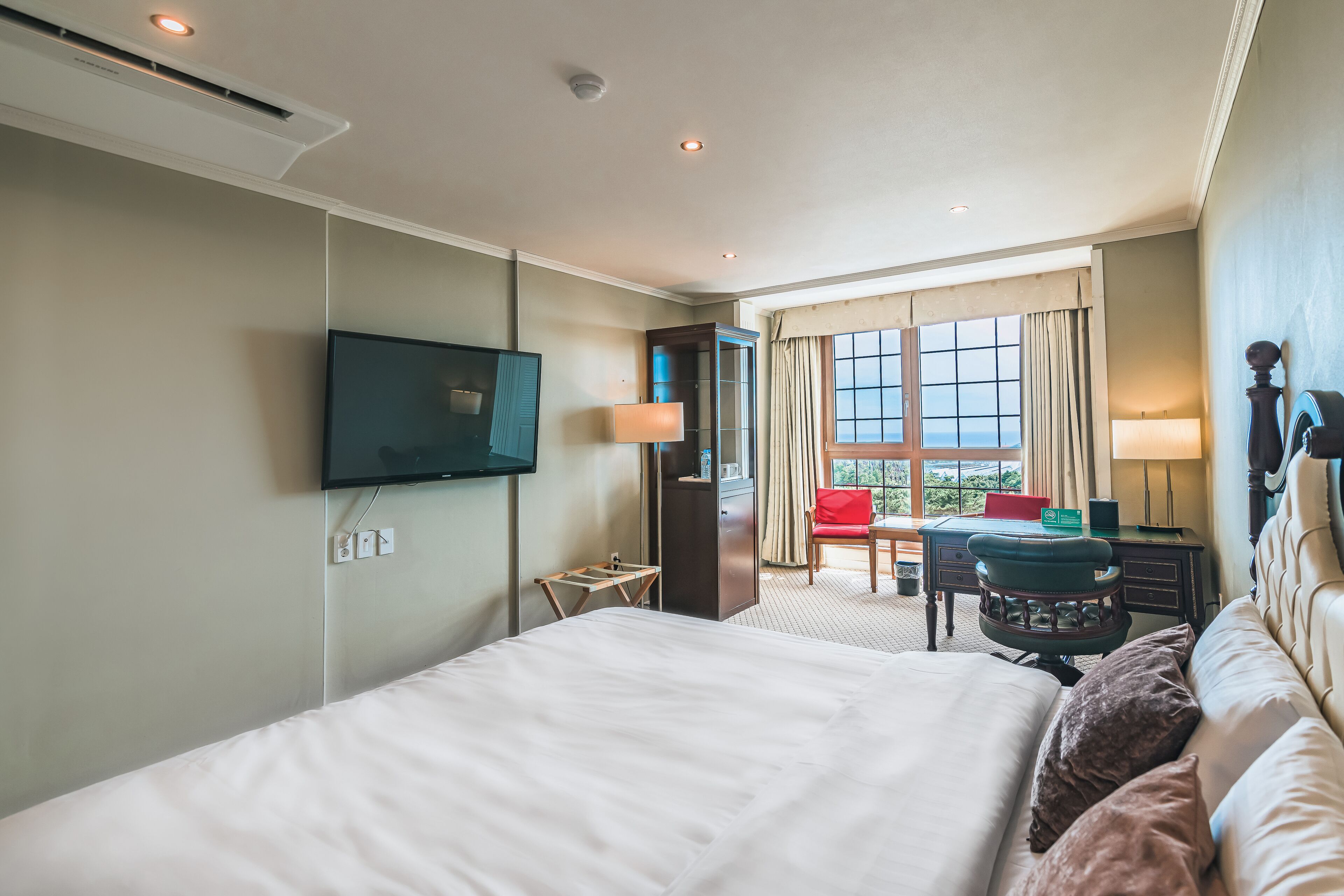 A hotel room with a large bed, a television mounted on the wall, a desk with a chair, and a view of the outdoors through the window.