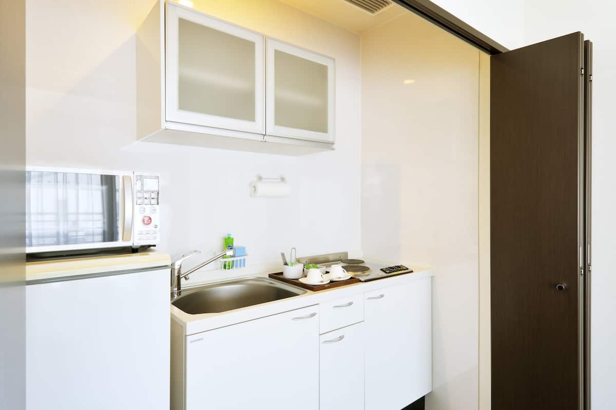 full-sized fridge, microwave, coffee/tea maker, electric kettle