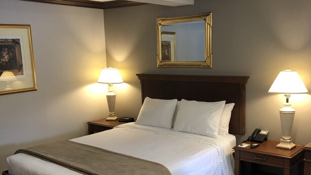 A hotel room with a large bed, two bedside tables with lamps, a bedside phone, a mirror, and a framed picture on the wall.