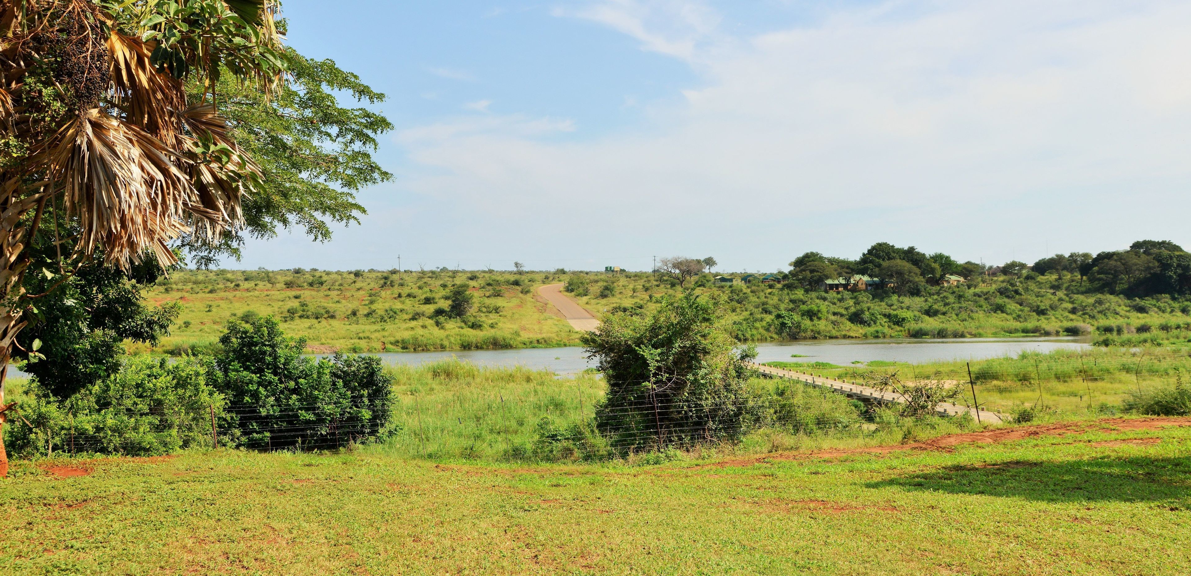 A rural landscape with a body of water, a dirt path, and scattered trees.