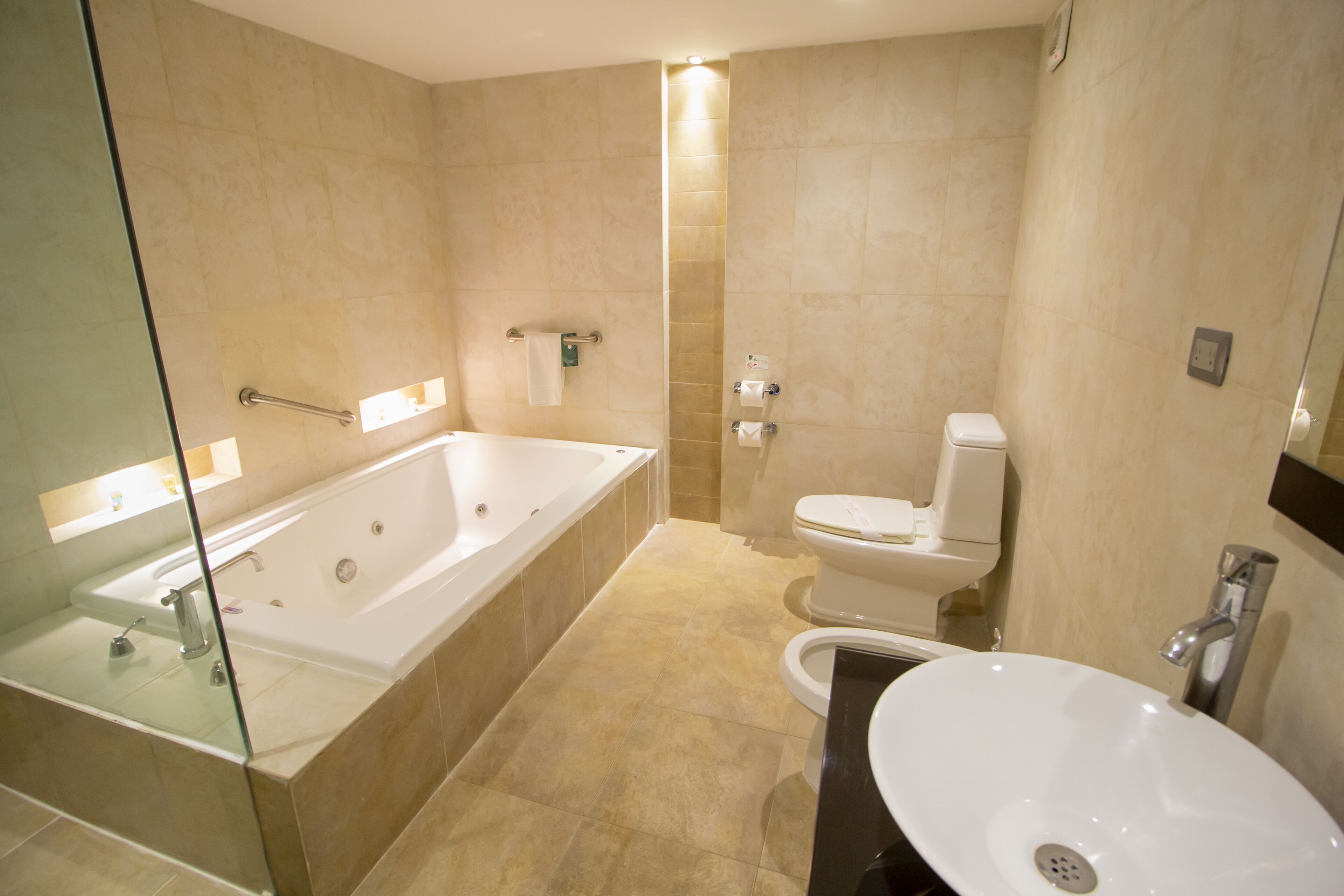 suite (master) | bathroom | hair dryer, towels, shampoo
