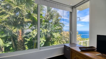 Panoramic Apartment, 1 Bedroom, Sea View, Garden Area with Hydromassage (Private entrance) | Living room | 16-inch flat-screen TV with digital channels, TV, ping pong