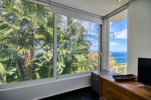 Panoramic Apartment, 1 Bedroom, Sea View, Garden Area with Hydromassage (Private entrance) | Living room | 16-inch flat-screen TV with digital channels, TV, table tennis - Villa Zagara Garden (Taormina)