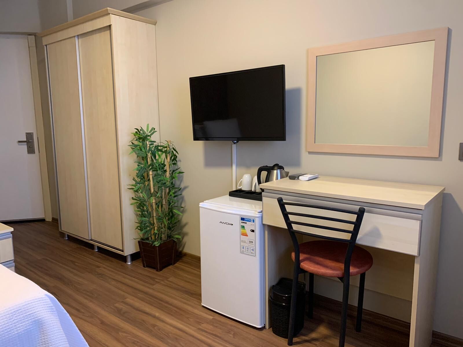 A compact hotel room with a bed, a desk with a chair, a television, a small refrigerator, a plant, and a wardrobe.