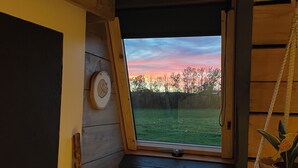 Een kamer met een schuine kap, een raam met uitzicht op een zonsondergang, een houten wand en een hangende plant.