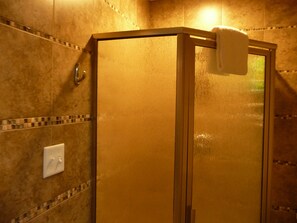 Shower, hair dryer, towels, soap