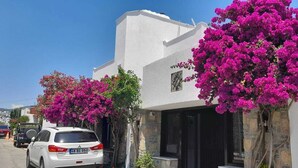 Un edificio blanco con fachada de piedra, coches estacionados y coloridas flores de buganvilla rosa.