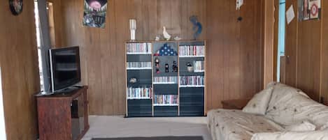 Smart TV, DVD player, books, music library