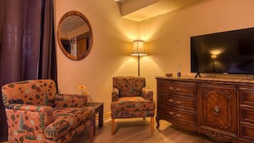 Smart TV, fireplace, books