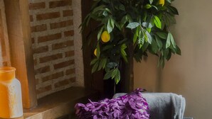 A room with a black leather armchair, a glass table with a colorful toy, a book with a floral design, and a potted plant with yellow fruit.