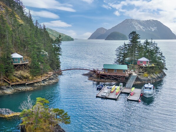 A coastal cabin with a dock, surrounded by forest and mountains.