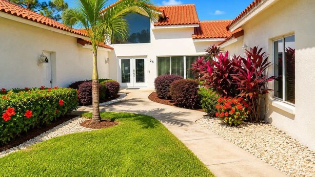 A residential building with a tiled roof, a central entrance, and a well-maintained garden with various plants and a palm tree. - SWISS 24 - Lake Stephanie (Clermont)