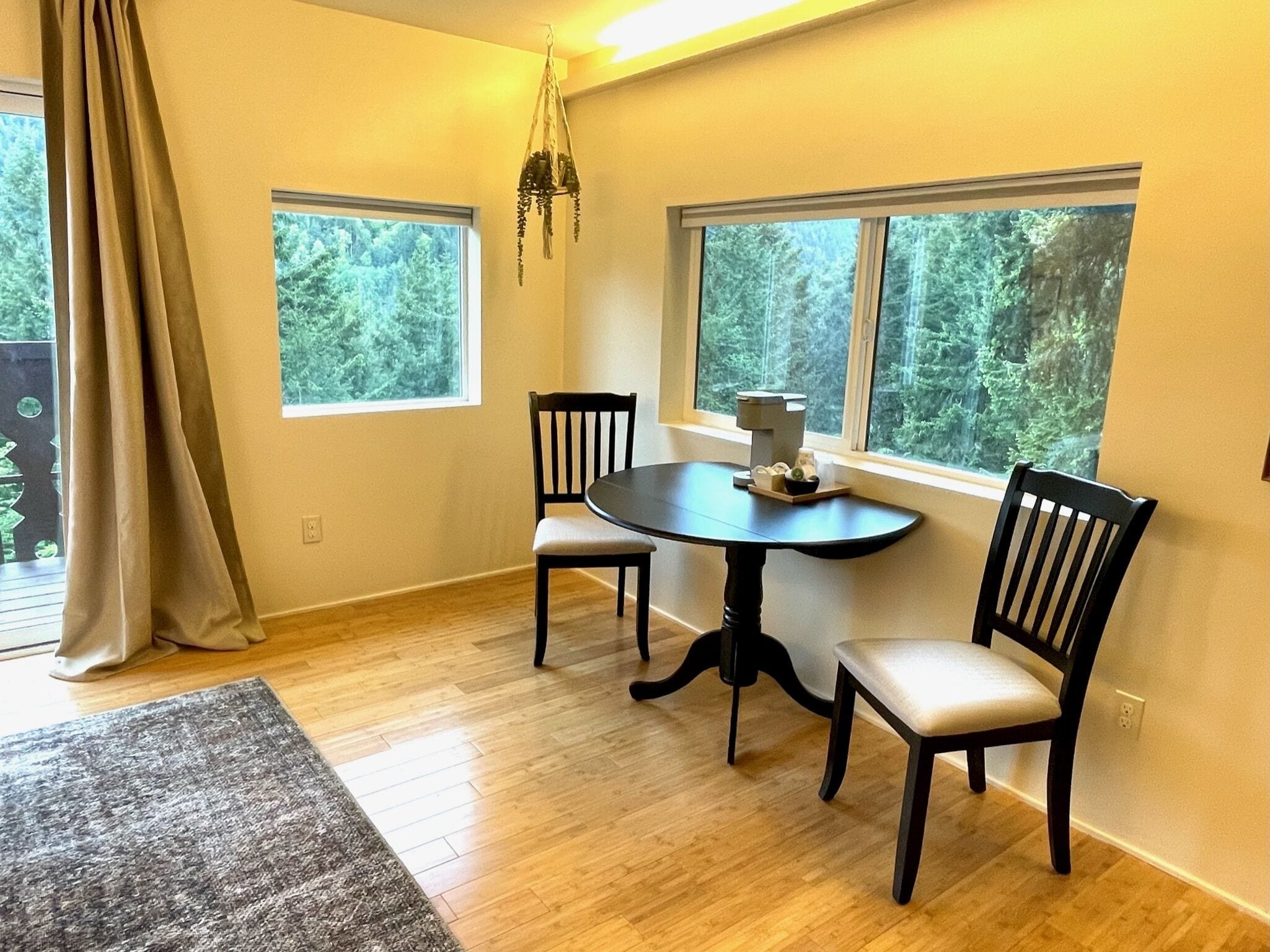 A dining area with a round table and four chairs, two windows with a view of trees, and a hanging plant.