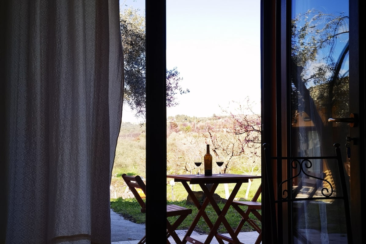 Puerta abierta que da a un patio con una mesa, sillas, una botella de vino y dos copas.
