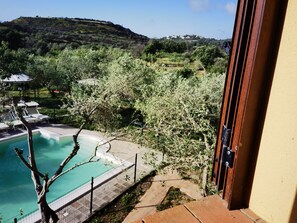 A view from a balcony overlooking a swimming pool, with a garden area and a hill in the background. - la corte degli ulivi (Tresnuraghes)