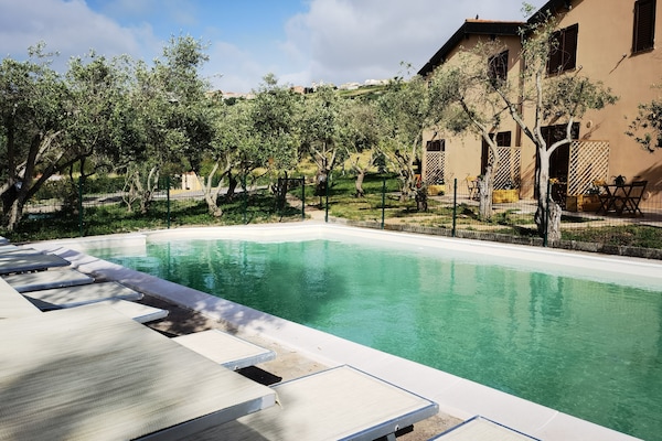 Una piscina al aire libre de temporada, sillones reclinables de piscina