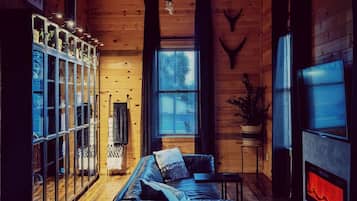 TV connectée, cheminée, livres, services de streaming