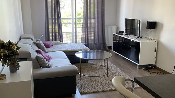 A modern living room with a sofa, a coffee table, a TV, and a dining area. - LE MESNIL, Charming apartment, very well located (Le Blanc-Mesnil)