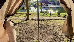 Una tienda de campaña con vistas a un lago, un pabellón y un edificio pequeño al fondo.