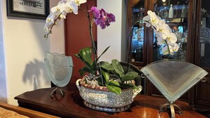 A wooden table with a decorative ceramic pot containing orchids, a glass vase, and a glass fan. - Tide Pool Villas (Santa Barbara)