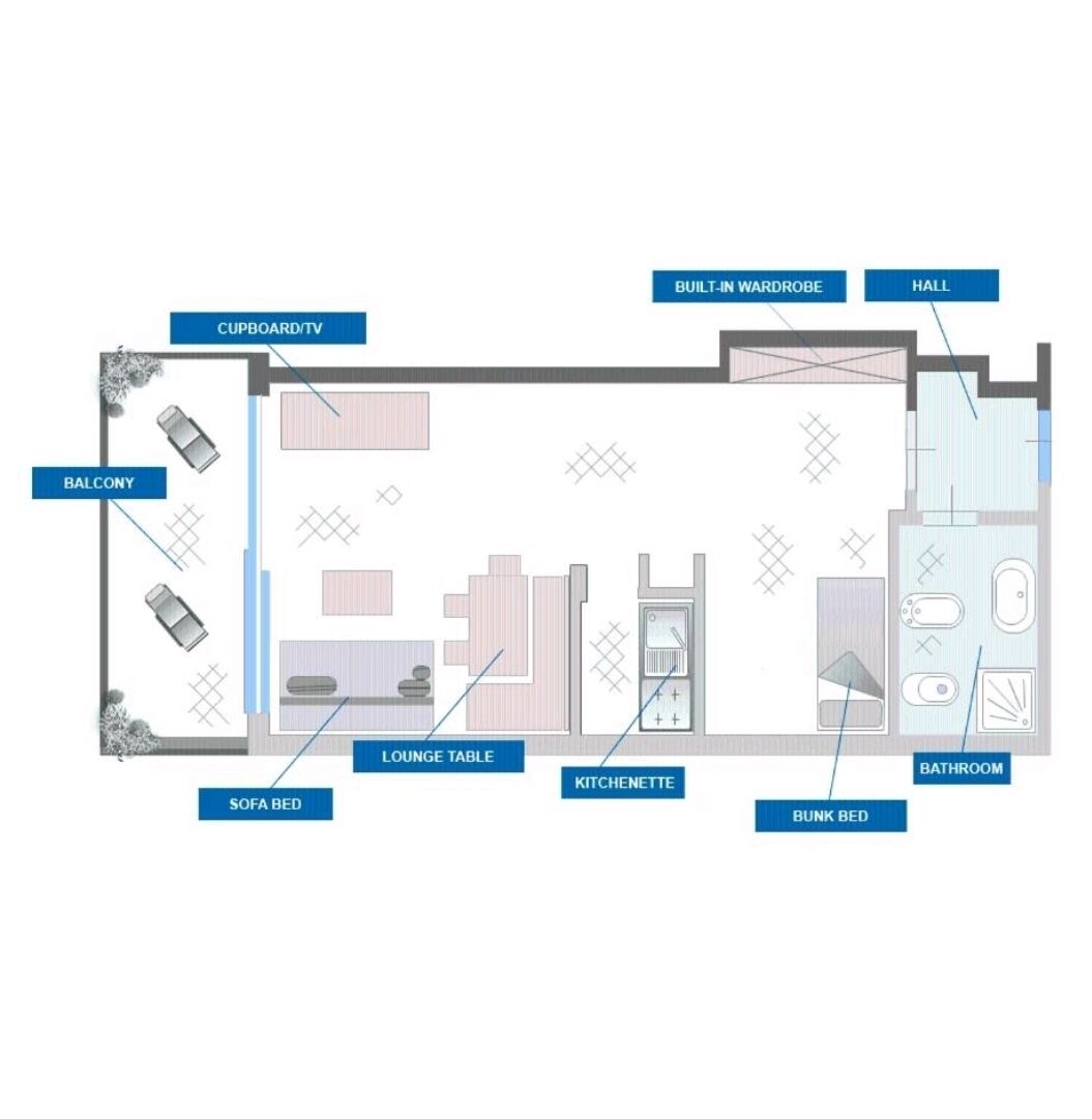 Een plattegrond van een hotelkamer met balkon, slaapbank, lounge tafel, kitchenette, stapelbed, badkamer, inbouwkast en een kastje/tv.
