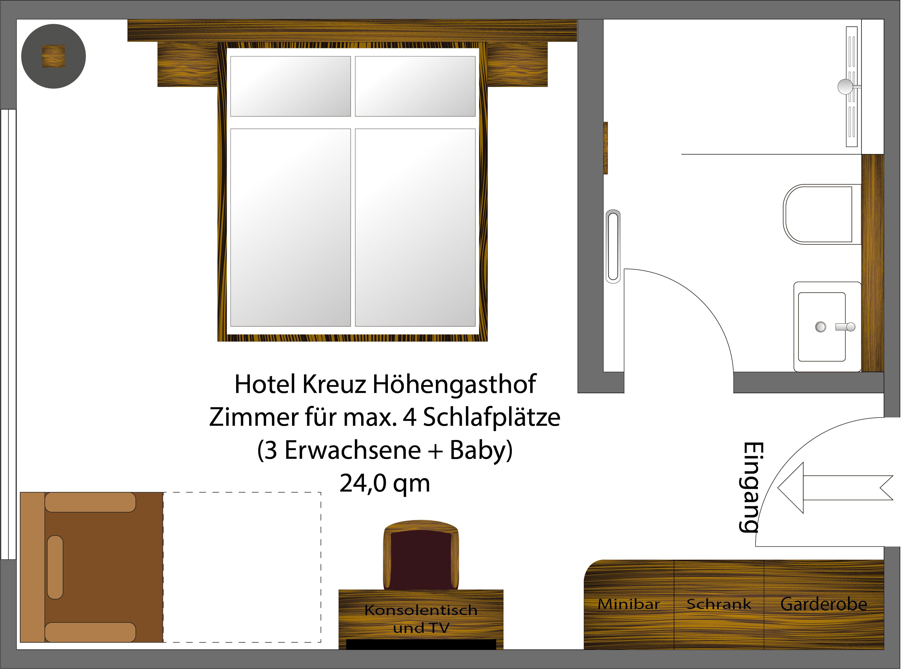 A hotel room layout with a bed, a desk, a wardrobe, and a bathroom.