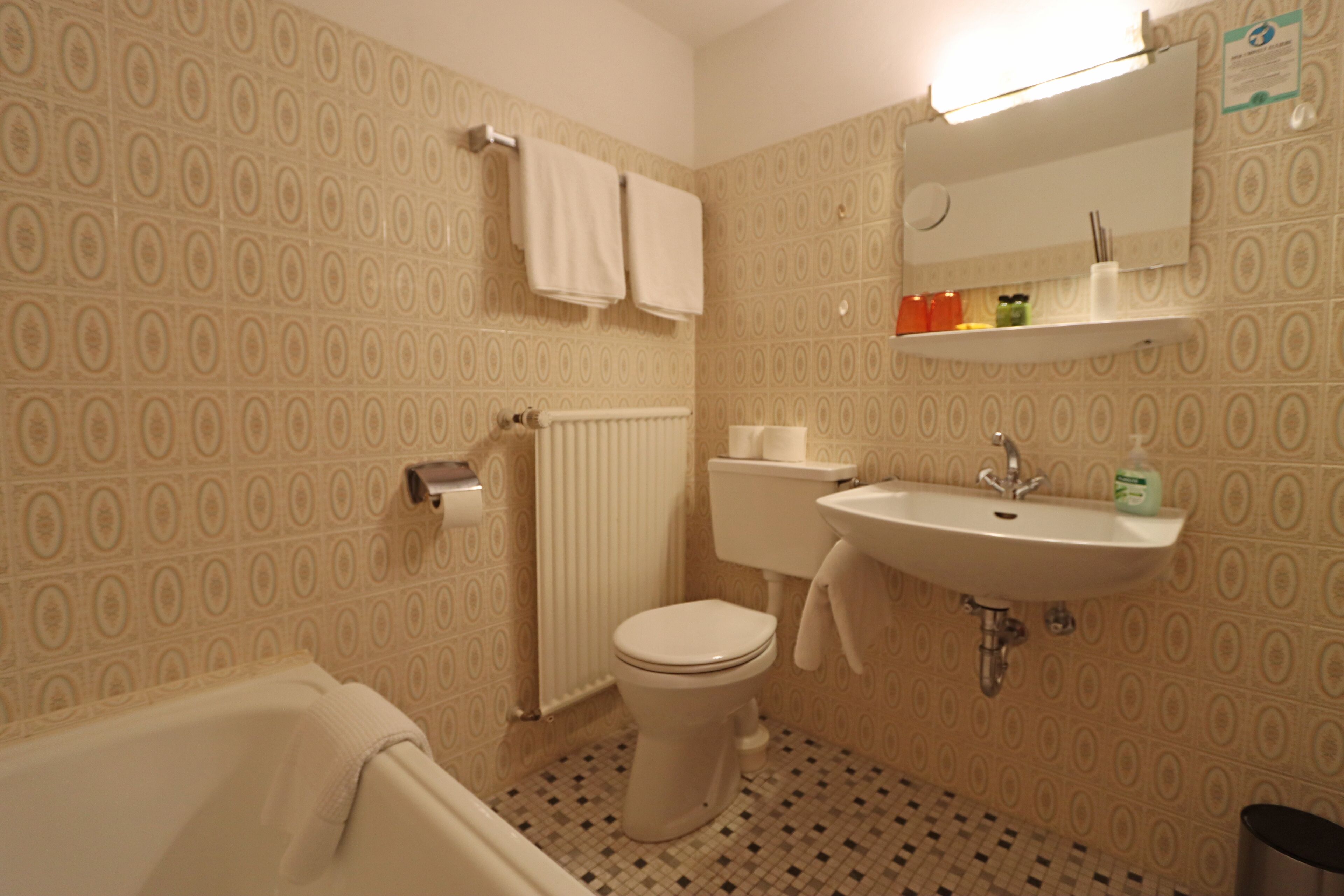 Een badkamer met toilet, wastafel en handdoekhouder.