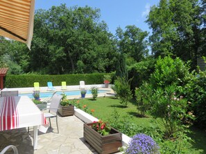 A backyard with a pool, outdoor seating, and lush greenery.