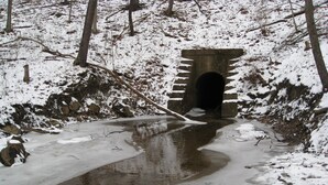 Un puente cubierto de nieve con la entrada de un túnel, rodeado de árboles y un arroyo helado.