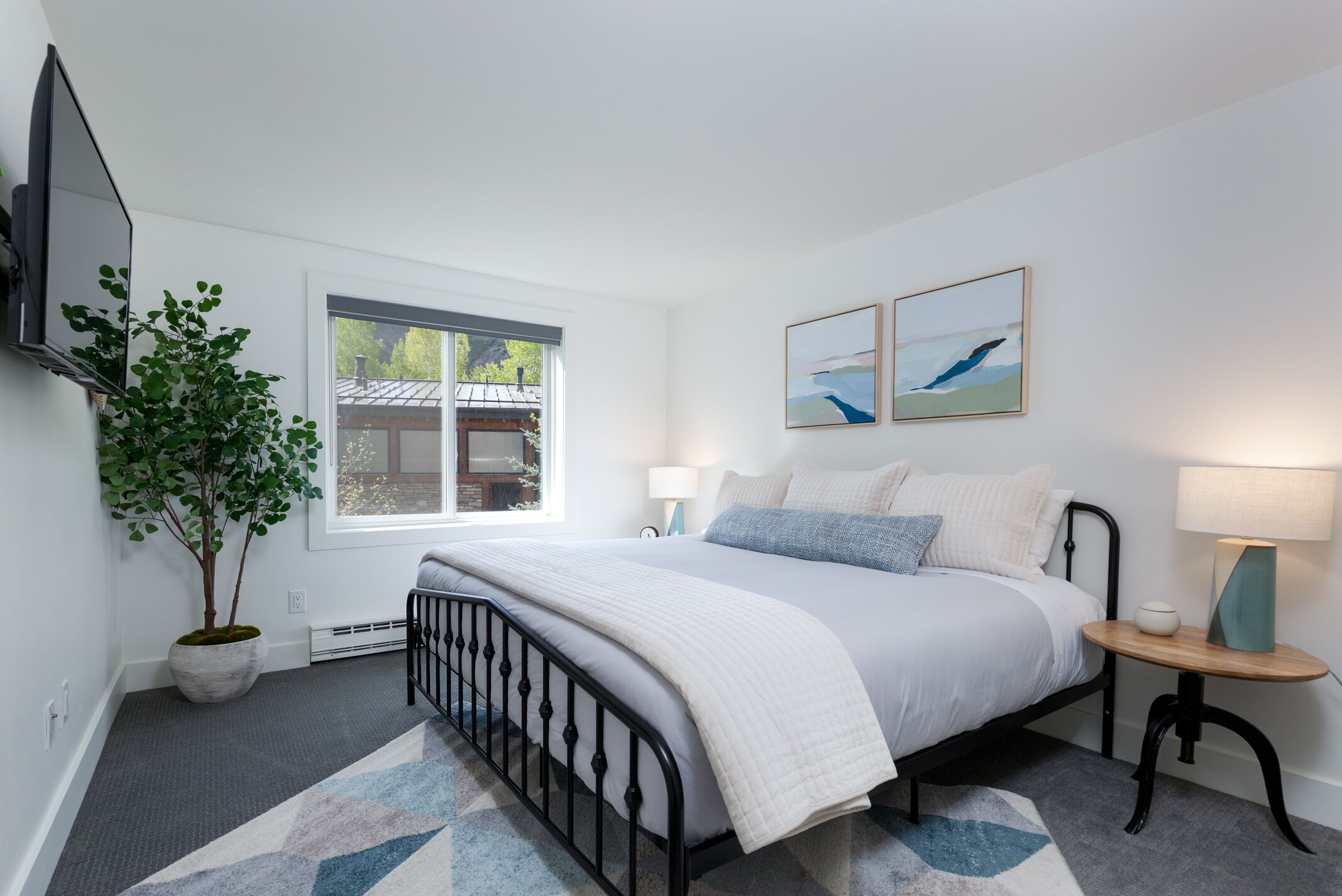 A bedroom with a bed, bedside tables, a TV, a window, and a potted plant.