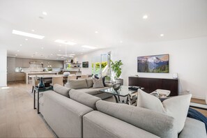 Smart TV, fireplace, books, stereo