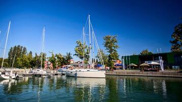 A marina with several sailboats docked, surrounded by trees and a building with outdoor seating.