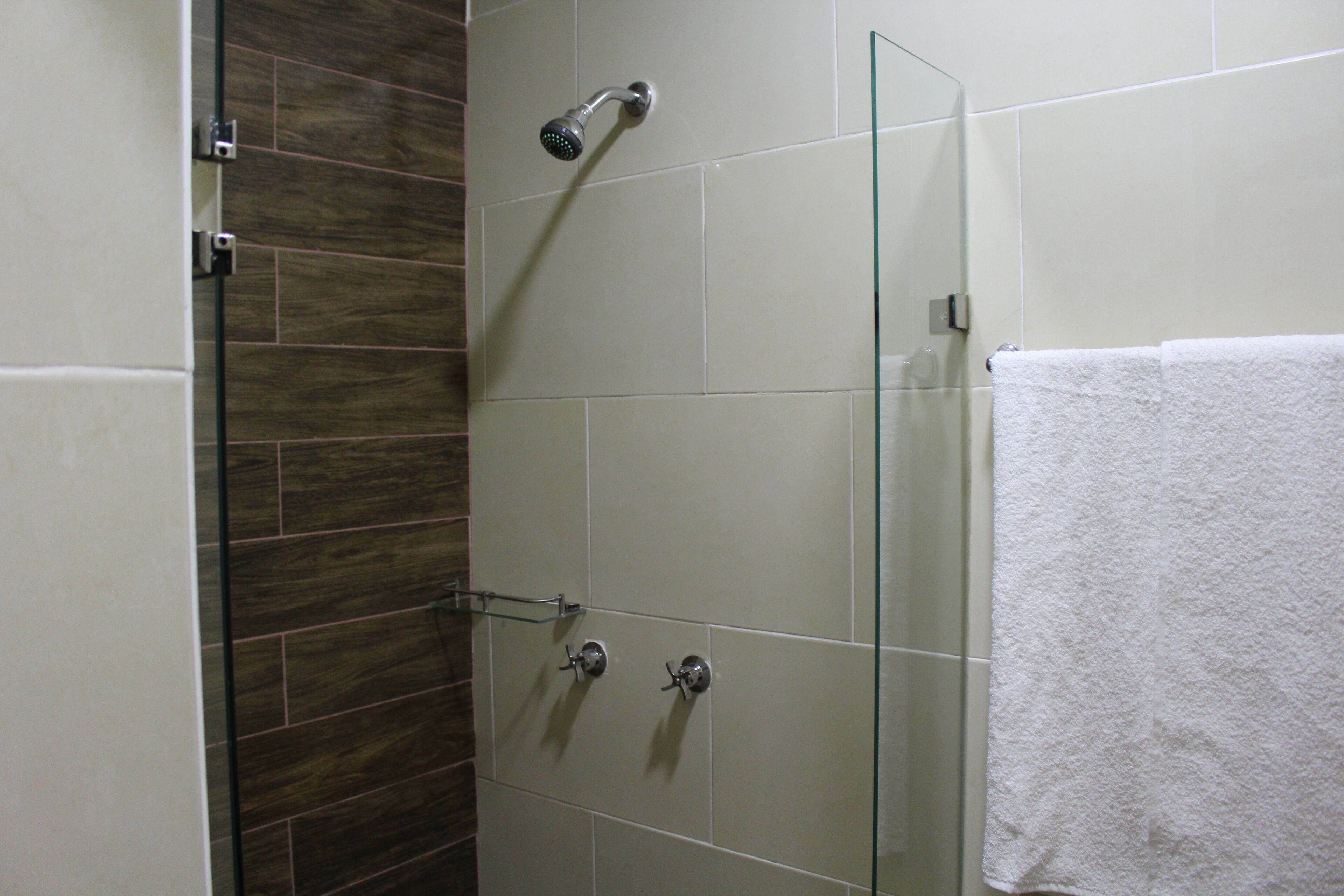 shower, towels, soap, shampoo