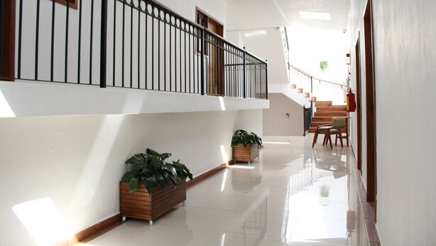 Un pasillo amplio y bien iluminado, con piso pulido, una escalera y macetas de madera con plantas verdes.