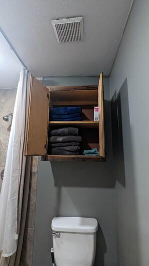 Shower, hair dryer, towels, toilet paper