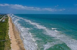 En la playa y camastros 