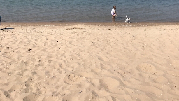 Ein Sandstrand bei klar blauem Himmel und ruhiger See.