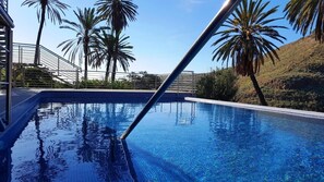 A swimming pool with clear blue water, surrounded by palm trees and a metal railing. - VILLA OASIS - APART N - 5 (TELDE)