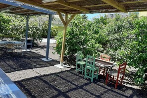 An outdoor seating area with a table and chairs under a shaded structure, surrounded by greenery. - Holidays & Health in Finca Oasis - Apartamento 5 by Viilas Rivero (TELDE)