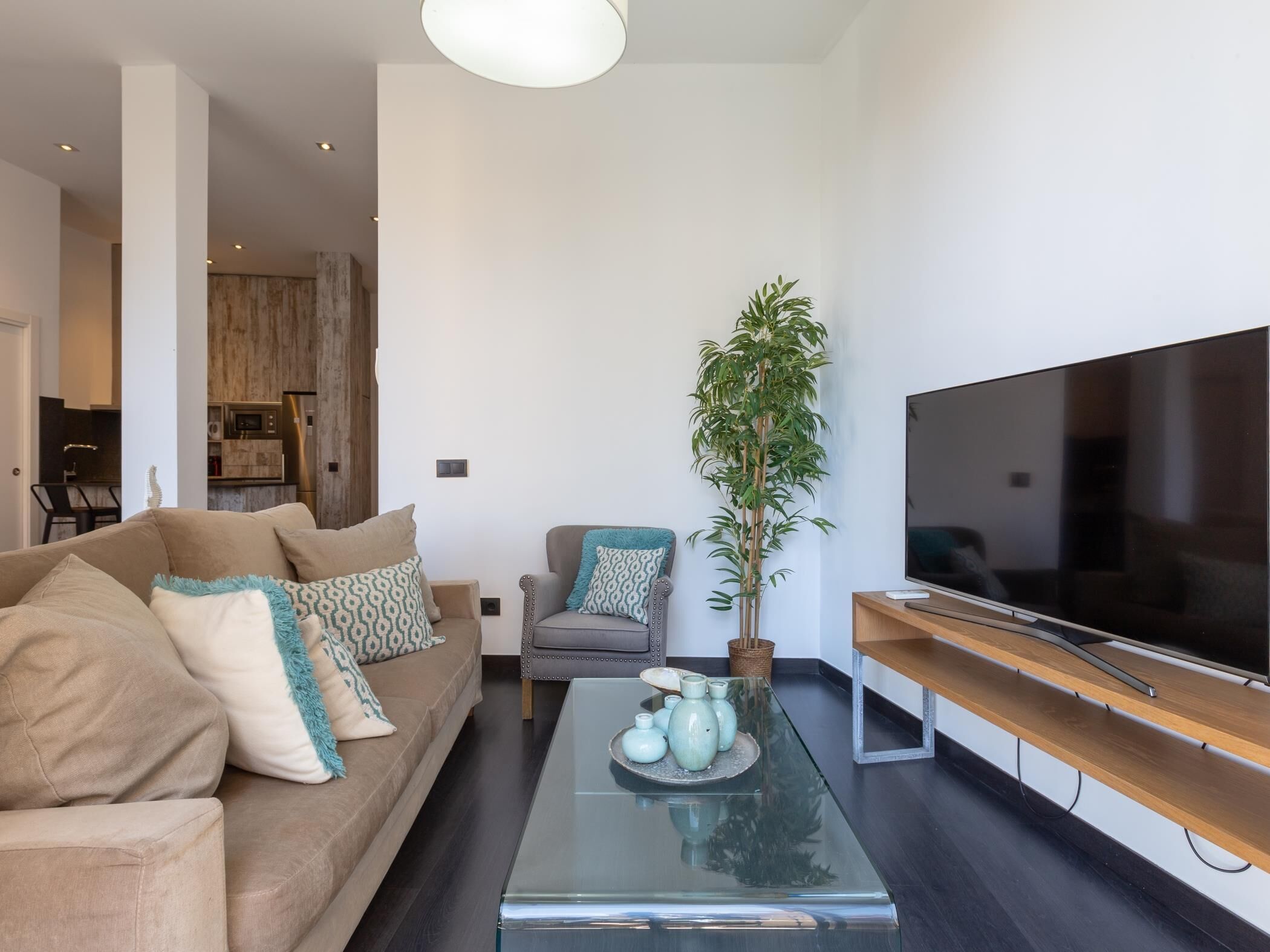 Un salon moderne comprenant un canapé, un fauteuil, une table basse, un téléviseur et une plante en pot.