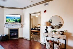 Smart TV, fireplace, books