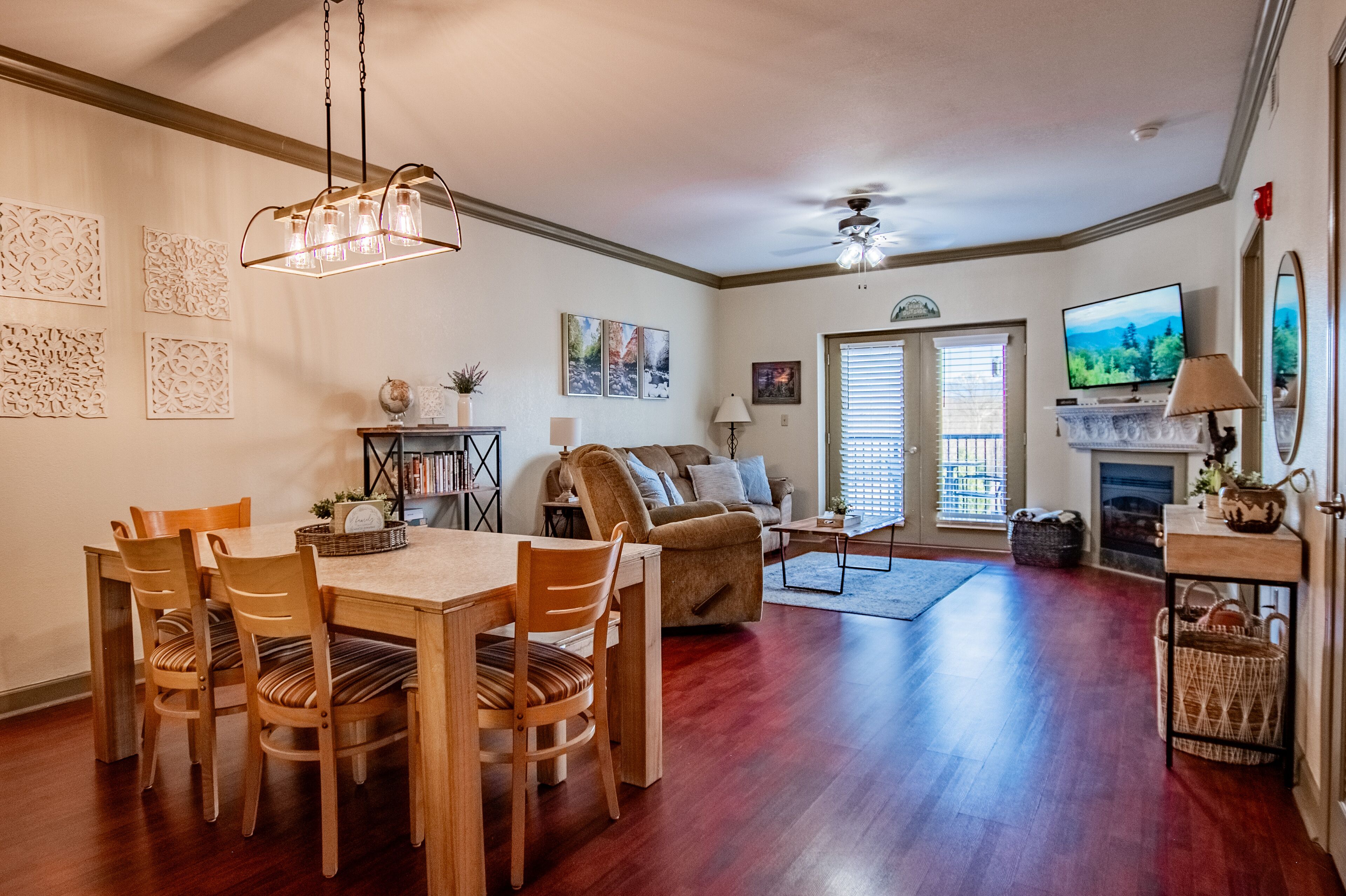 Smart TV, chimenea y libros 