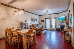 Smart TV, fireplace, books