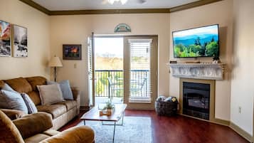 Smart TV, chimenea y libros