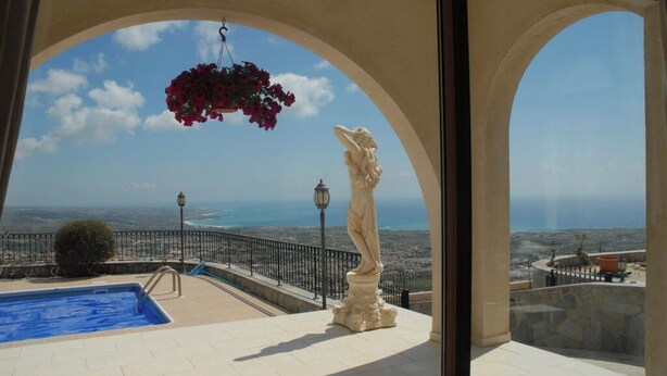 Una terrazza sul tetto con piscina, una statua e un'elegante composizione floreale pensile.
