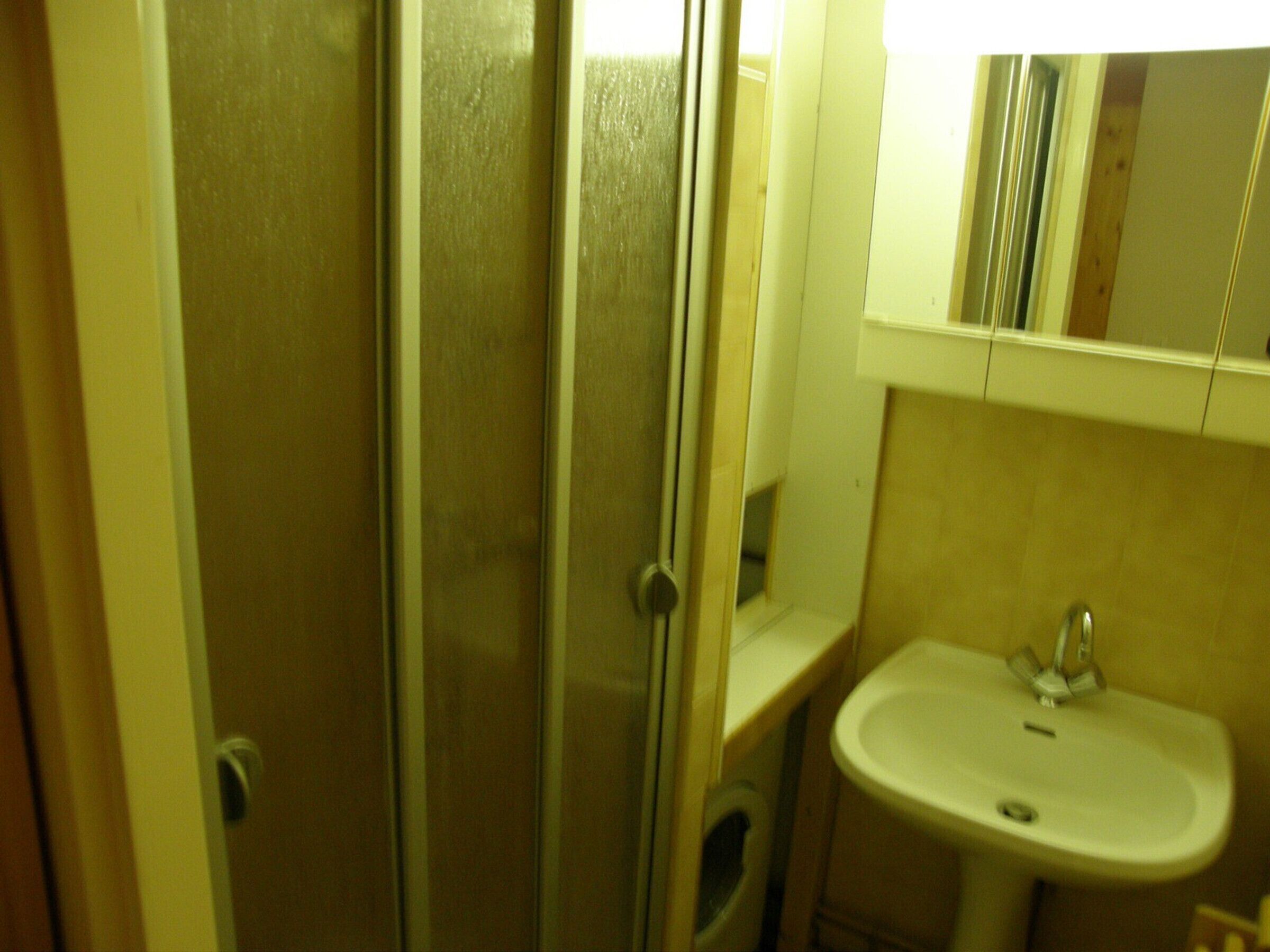 A bathroom with a glass shower enclosure, a white sink, and a mirror above the sink.